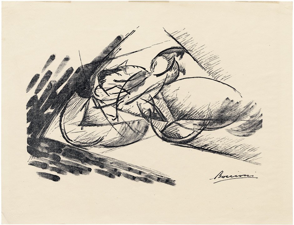 Boccioni, Umberto: Schnelligkeit: Schnelligkeit. Lithographie auf gelblichem Velin. 21 x 30,8 cm (Darstellung); 29,2 x 38,2 cm (Blattgröße). Auflage 100 Ex. (1914). Söhn HdO 104-2.Blatt 2 der Vierten Bauhausmappe: Bauh
