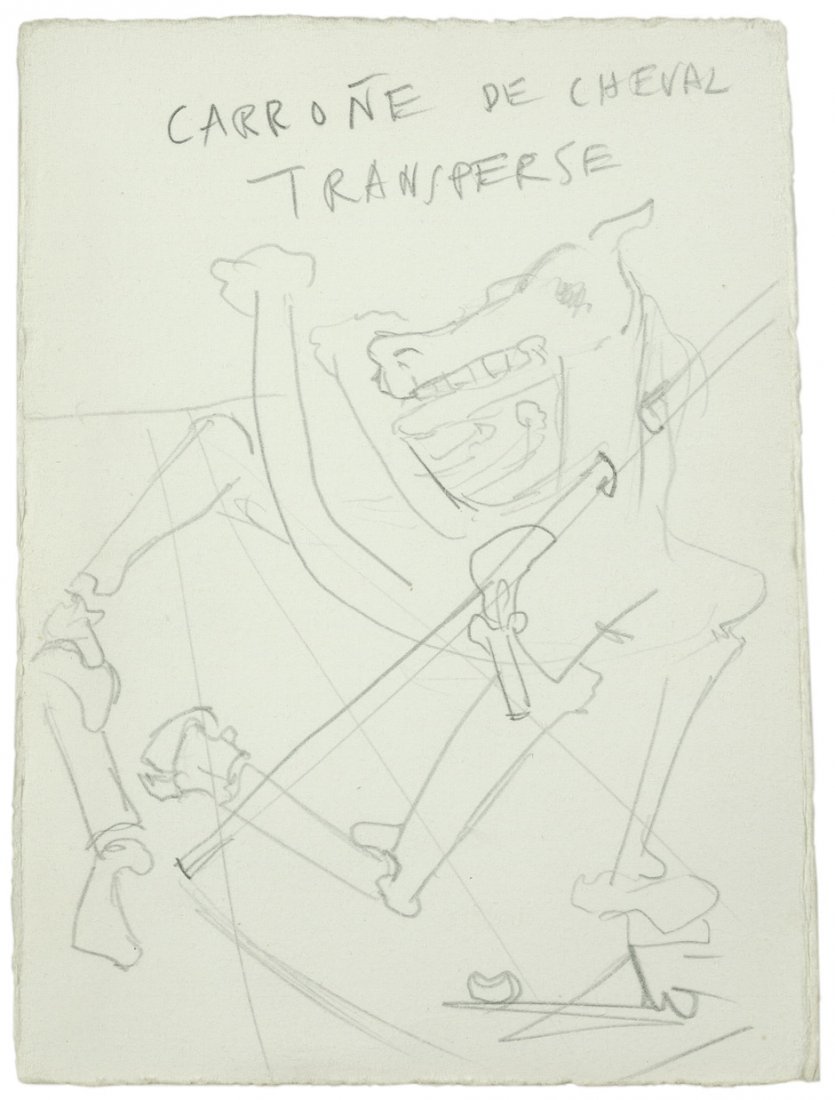 Dali, Salvador: Carrone de cheval transperse: Carrone de cheval transperse. Bleistift auf Kupferdruckpapier. 17 x 12 cm. Signiert und betitelt. Es handelt sich um die Entwurfskizze zu einer der zwölf Radierungen aus dem Illlustrationszyklus 