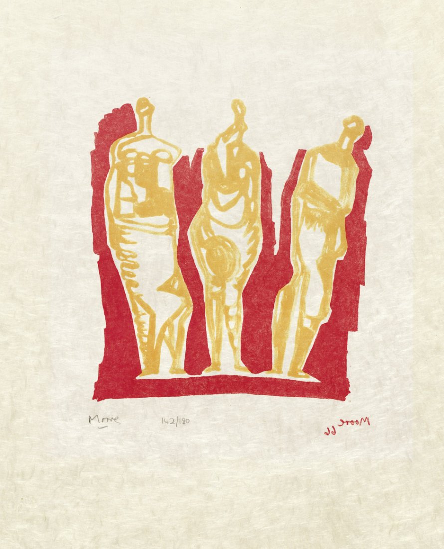 Moore, Henry: Three Standing Figures: Three Standing Figures. Farblithographie auf Japon nacré. 20 x 18,5 cm (Darstellung); 37 x 31 cm (Blattgröße). Signiert. Auflage 180 num. Ex. (19)66(/67). Cramer 82. Erschienen in: S