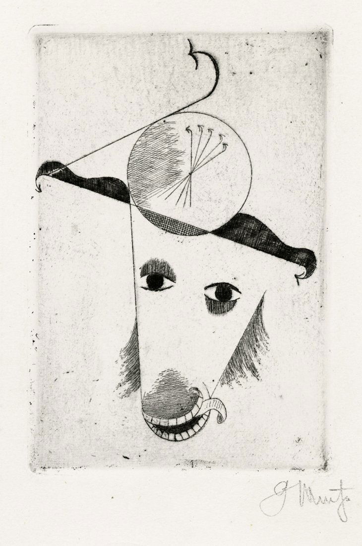 Muche, Georg: Tierkopf (auch: Widder): Tierkopf (auch: Widder). Radierung auf weißem Kupferdruckkarton. 15 x 10,2 cm (Plattenrand); 29,8 x 20 cm (Blattgröße). Signiert. Auflage 100 Ex. (1921). Schiller 12, Söhn HdO 10