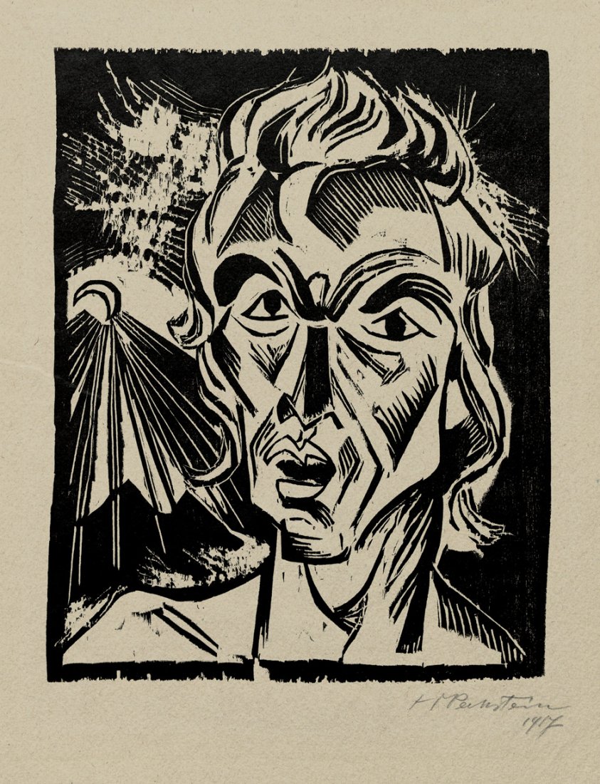 Pechstein, Hermann Max: Nacht: Nacht. Holzschnitt auf bräunlichem, strukturiertem Velin. 25 x 19,7 cm (Darstellung); 45,5 x 33,4 cm (Blattgröße). Signiert. (19)17. Krüger H 169. Blatt 3 der Mappe "Köp