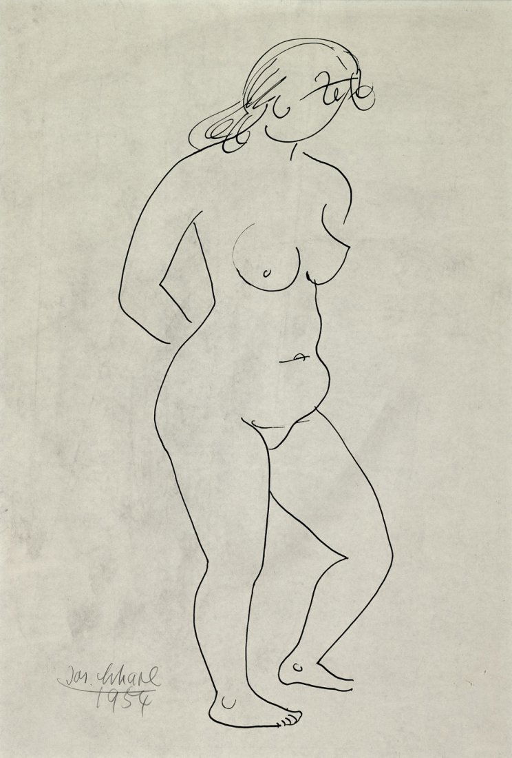 Scharl, Josef: Stehender weiblicher Akt: Stehender weiblicher Akt. Pinsel in Schwarz auf chamoisfarbenem Velin. 66 x 45,5 cm. Unten links mit Bleistift signiert und datiert. 1954.Josef Scharl beginnt seine Ausbildung 1910 an einer Münch