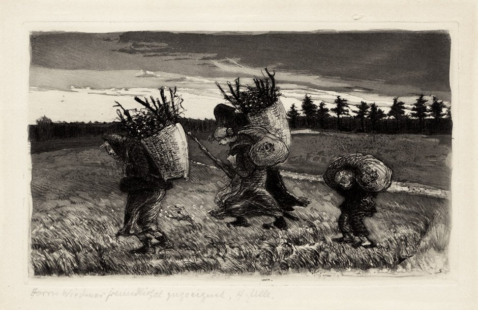 Zille, Heinrich: Herbst: Herbst. Radierung und Aquatinta auf chamoisfarbenem Kupferdruckkarton. 13,9 x 23 cm (Plattenrand); 19,9 x 28,5 cm (Blattgröße). Signiert und gewidmet "Herrn Wiedmer freundlichst zugeei
