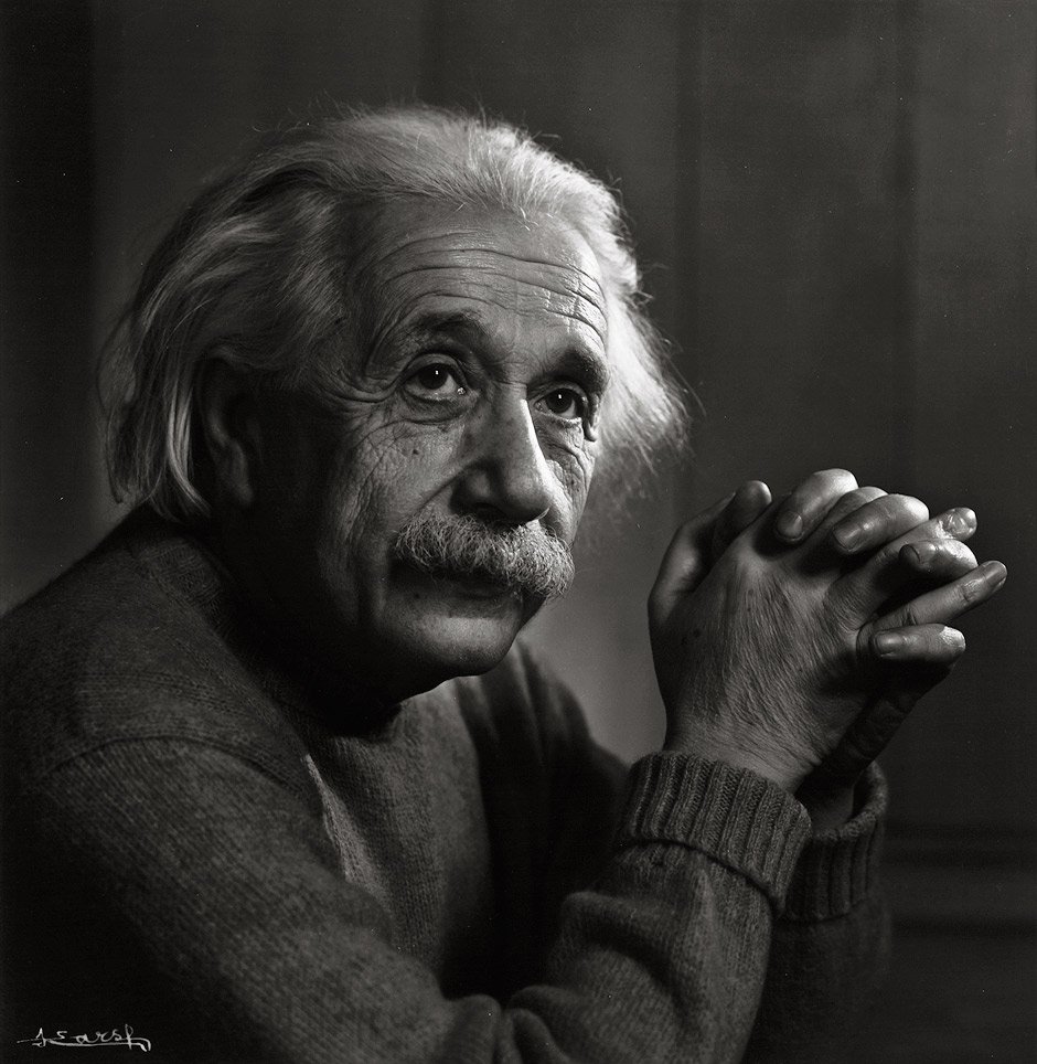 Karsh, Yousuf: Albert Einstein: Albert Einstein. 1948. Vintage ferroytped gelatin silver print. 28 x 27 cm (35,5 x 28,3 cm). Signed by the photographer in white ink lower left; titled in pencil on the verso, mounted along upper edge