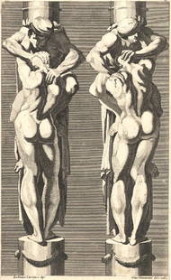 Giovanini, Giacomo: Zwei Atlanten: Zwei Säulenschäfte mit Atlanten. Kupferstich mit Radierung nach Lodovico Carracci. 27 x 22,5 cm. Berliner Ornamentstichat. 4084. Aus: Il Claustro Di S. Michele in Bosco di Bologna... Ausgezeichneter