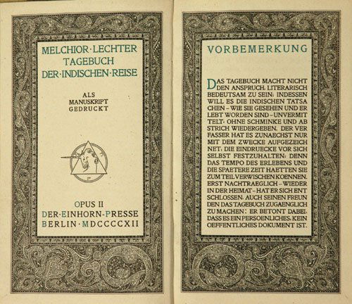 Lechter, Melchior: Tagebuch der Indischen Reise: Lechter, Melchior. Tagebuch der indischen Reise. Mit Buchschmuck von Melchior Lechter. 34 x 21 cm. Orig.-Hpergt mit goldgepr. VDeckel-Vignette, goldgepr. RSchild und Goldschnitt. Berlin 1912. Raub A 9