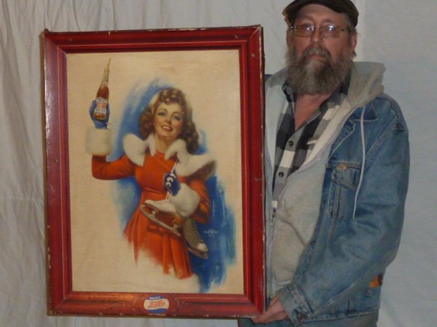 1940'S PEPSI-COLA SELF FRAMING ICE SKATER ZOE MOZERT: SHOWING A RARE 1940'S DOUBLE DOT PEPSI-COLA SELF FRAMING ADVERTISING DISPLAY ," ICE SKATER " , SIGNED BY ARTIST ZOE MOZERT . RARE THAT ANY OF THE CARDBOARD SIGNS SURVIVED , THEY WERE NORMALLY DISCARDE
