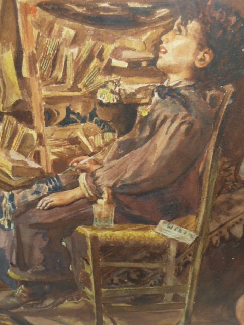 MARIO ROSSI GOUACHE OF YOUNG BOY IN CHAIR: SHOWING A SIGNED MARIO ROSSI GOUACHE OF A YOUNG BOY SITTING IN A CHAIR IN A ROOM FULL OF INTERESTING ITEMS . IMAGE MEASURES 13 1/4" BY 7 3/4" FRAME 20 3/8" BY 15" . AS FOUND ESTATE CONDITION.PLEASE US