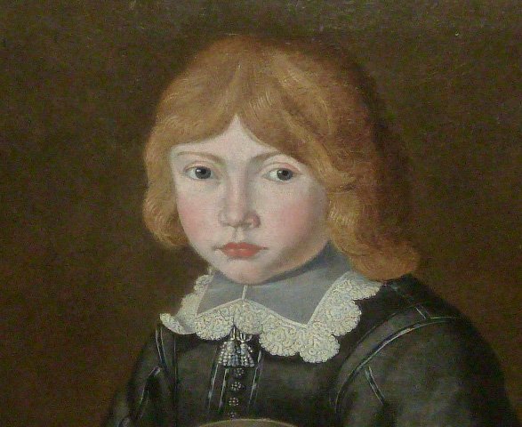 17TH CENTURY O/C PORTRAIT YOUNG BOY IN PERIOD DRESS: SHOWING A 17TH CENTURY OIL ON CANVAS FORMAL PORTRAIT OF A YOUNG BOY IN PERIOD DRESS, GLOVES AND HAT. IMAGE MEASURES 23 3/4" BY 30 3/4" FRAME MEASURES 31 1/2" BY 38 1/8" . AS FOUND ESTATE CONDITION.PLE