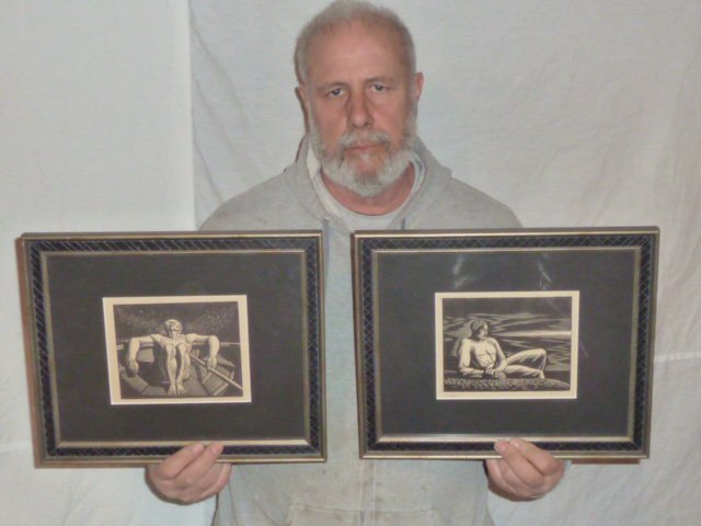 WOOD CUTS "ROWER" & "FAR HORIZON" 1930'S: SHOWING TWO ART DECO WOOD CUTS THAT ROCKWELL KENT (1882- 1971) DID, BUT IT WAS BROUGHT TO OUR ATTENTION THAT THESE ARE DONE BY E.W. WASHINGTON SOMEONE WHO COPIED ROCKWELL KENT AND OTHER FAMOUS ARTISTS