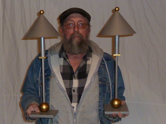 PR MODERNE ROBERT SONNEMAN LAMPS KOVACS: SHOWING A PAIR OF MODERNE SILVER AND GOLD DESIGNER LAMPS WITH COE SHAPE SHADES . COPYRIGHT 1989 ROBERT SONNEMAN FOR GEORGE KOVACS EXCLUSIVE LICENSEE . MEASURE 23" TALL ON A 5" SQUARE BASE . AS FOUND E