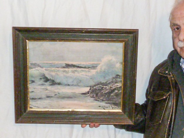 VINTAGE PRINT SEA SCAPE SIGNED ROBERT WOOD: SHOWING A VINTAGE PRINT , SEASCAPE SIGNED ROBERT WOOD . IMAGE MEASURES 12" BY 16" FRAME 20" BY 16" . AS FOUND ESTATE CONDITION.PLEASE USE PHOTOS AS PART OF THE DESCRIPTION. THE ABSENCE OF A CONDITION