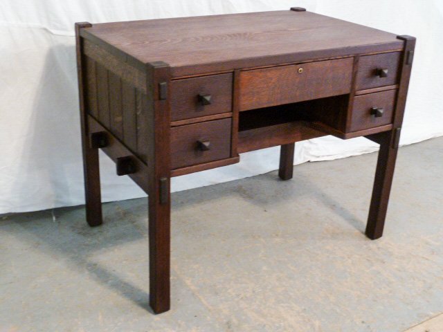 GUSTAV STICKLEY ARTS & CRAFTS WRITING DESK: SHOWING A EARLY WORKS OF GUSTAV STICKLEY WRITING DESK . KEYED THROUGH-TENONS ON EACH SIDE . MEASURES 29\" HIGH BY 24\" DEEP AND 36\" WIDE . AS FOUND ESTATE CONDITION.PLEASE USE PHOTOS AS PART OF THE D