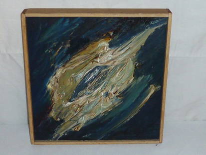 NANNO DE GROOT ABSTRACT EXPRESSION FLORAL MOTIF: SHOWING A NANNO DE GROOT ABSTRACT EXPRESSIONISM OIL PAINTING ON PANEL , FLORAL MOTIF . SIGNED LOWER RIGHT AND DATED 1960 . IMAGE MEASURES 9 3/4" BY 9 3/4" FRAME 10" BY 10" . AS FOUND ESTATE CONDITION.