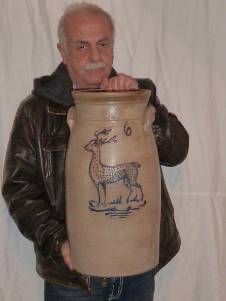 19TH C. STONEWARE 6 GAL CHURN COLBALT BLUE DEER (1 of 9)