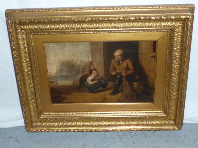 19TH C. OIL ON PANEL GENRE SCENE FISHING VILLAGE: SHOWING A 19TH CENTURY OIL ON PANEL GENRE SCENE , FISHING VILLAGE , CHILD HELPING AN ELDER PUT ON HIS BOOTS . IMAGE MEASURES 12" WIDE BY 8" HIGH , FRAME 18 3/4" WIDE BY 14 3/4" HIGH . AS FOUND ESTATE