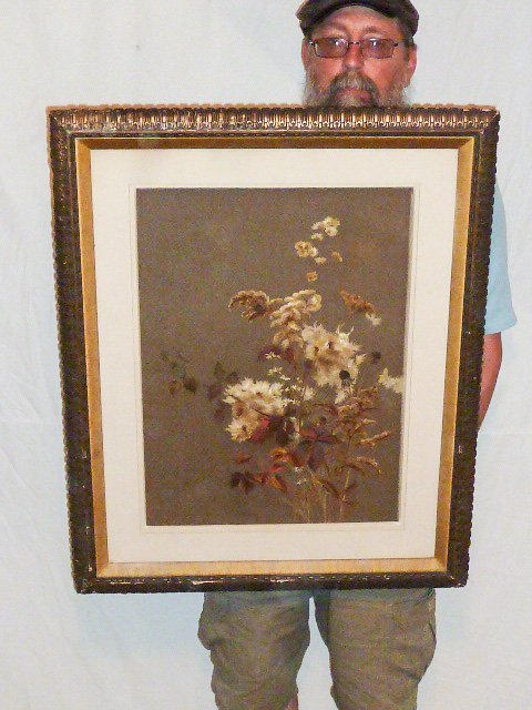 BOTANICAL WATERCOLOR ON VELLUM LABEL ON BACK: SHOWING A BOTANICAL WATERCOLOR ON VELLUM , PANCRACE BESSA , LABEL ON BACK . IMAGE MEASURES 17" WIDE BY 23 HIGH , FRAME 26" WIDE BY 32" HIGH . AS FOUND ESTATE CONDITION.PLEASE USE PHOTOS AS PART OF THE