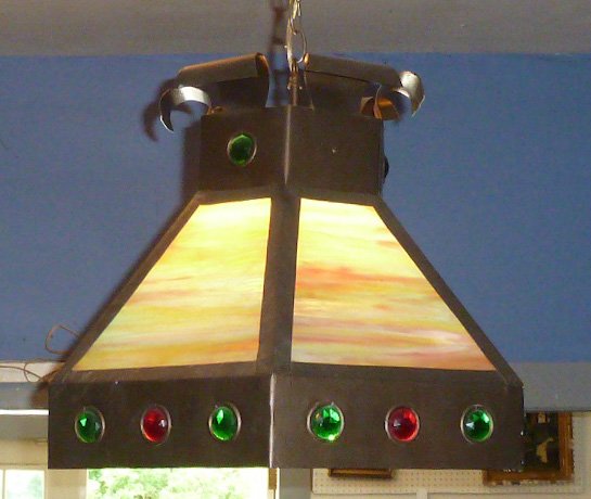 ARTS & CRAFTS IRON HANGING SLAG GLASS CHANDELIER (1 of 5)