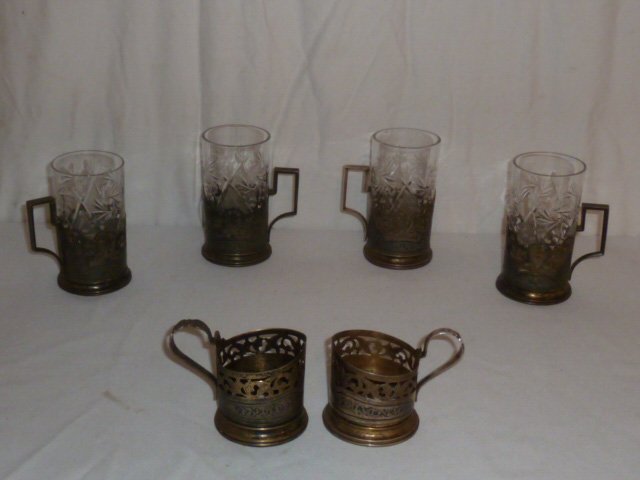 set of 4 Russian antique silver & cut glass tea glasses (1 of 10)