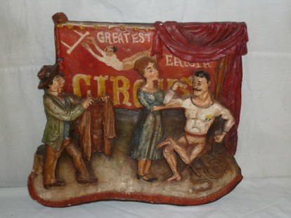 Flying trapeze wall art signed Jo Mead 1919-2000: Cast plaster . "daring young man on the flying trapeze . Measures 23" tall by 26" wide and 4" deep. As found estate condition . Please use photos as part of the description. The absence of a condition