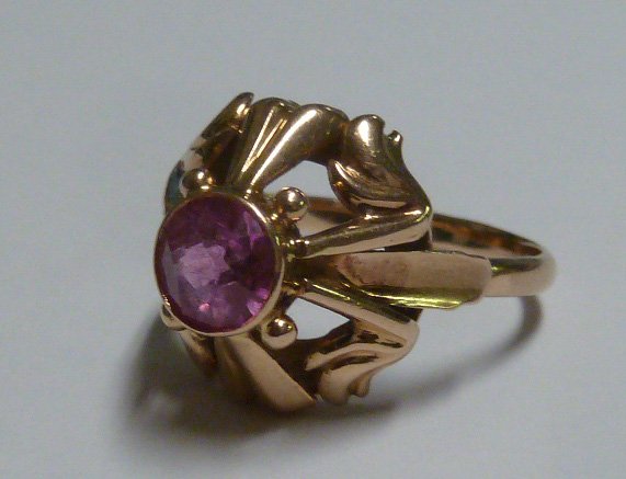 Russian 583 rose gold ladies ring pink stone (1 of 6)