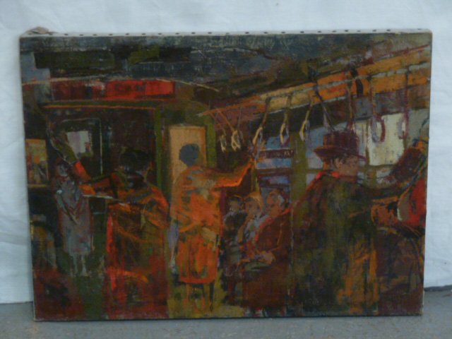 Fanny Baylen o/c "Brooklyn Subway Car" interior: We have been fortunate to be chosen to sell some Fanny Baylen newly discovered oil paintings .There will be five in this sale and we will be selling others in our up coming auctions. Check our web sit