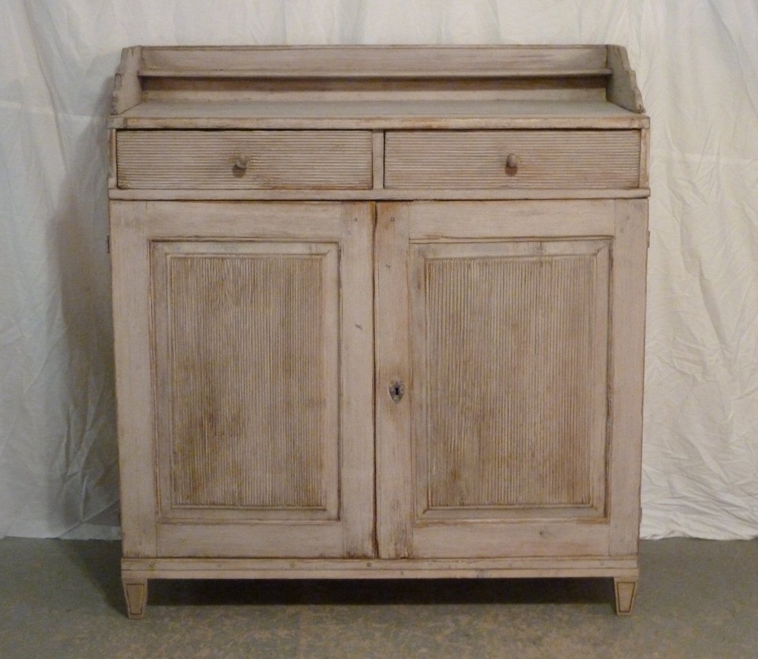 Gustavian Sideboard w/ Backsplash Comb Front Doors: Feet have been replaced , older modifications . Measures 45 1/2" x 50" x 21". As found estate condition . Please use photos as part of the description. The absence of a condition report does not guara