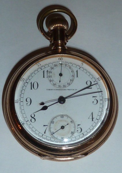 Time & Repeating Watch Co chronograph pocket watch: open face running pocket watch . As found estate condition . Please use photos as part of the description. The absence of a condition report does not guarantee excellent condition. Please contact us f
