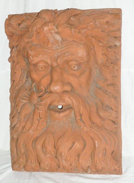 Terracotta Wall Sculpture Fountain "Neptune": Incredible detail.Measures 24" tall x 17" wide. As found estate condition . Please use photos as part of the description. The absence of a condition report does not guarantee excellent condition. Plea