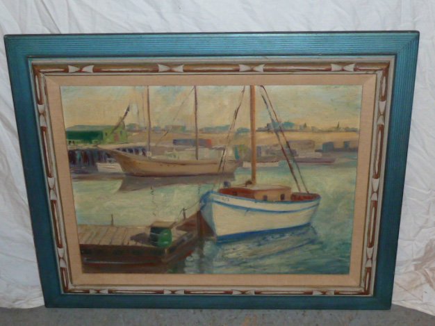 Anthony Thieme Painting on Board Harbor Scene: Frame measures 31 1/2" wide x 32 1/2" tall , Image 24" x 18" . As found estate condition . Please use photos as part of the description. The absence of a condition report does not guarantee excellent