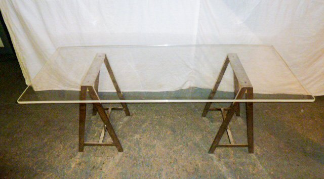 Mid-Century Lucite Table with Chrome Saw Horse Base (1 of 4)