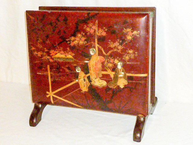 19th Century Japanese Schibiyama Lacquered Box: Decorated front and back. Measures 14" wide by 12" tall 3 1/2" feet . As found estate condition . Please use photos as part of the description. The absence of a condition report does not guarantee exc