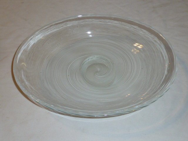 Dino Martens Murano Reticulated Swirl Pattern Bowl: Italian art glass for Aureliano Toso , polished base . Measures 13" tall by 9 3/4" and 3 1/4" high . Third of five pieces of Moderne art glass in this sale. Other lots are 21, 25,31 . As found estate 