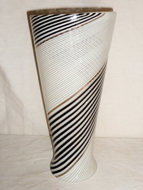 Dino Martens Murano Black,White & Gold Ribbons Vase: Italian art glass for Aureliano Toso ,hand blown , pontil . Measures 13 1/2" tall with 6 1/4" opening . Fourth of five pieces of Moderne art glass in this sale. Other lots are 21, 25 . As found estate
