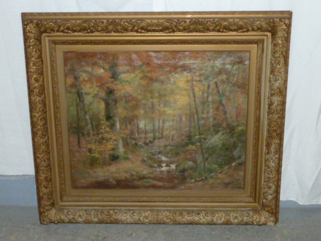 Daniel Wentworth 1850-1934 Idyllic Forest Scene: Oil on canvas,carved and painted wood gallery frame.f 38"wide by 33" high, Image 27" wide by 22" high. As found estate condition . Please use photos as part of the description. The absence of a condit