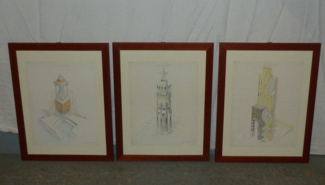 Luigi Serafini "Architetture" 3 Drawings Pencil: Three Serafini architecture pencil drawings .Luigi is Italian designer , artist, born 1949 .Best known for his Codex Seraphinianus. Signed and dated 1981. f 13 1/2" by 17 1/2" by 9 1/2" by 12 1/2" . G