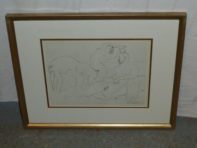Picasso "Nude Man & Two Nude Woman" Hand Signed Print: 1954 , limited edition. Measures 10 1/4" by 13 1/4". As found estate condition . Please use photos as part of the description. The absence of a condition report does not guarantee excellent condition.