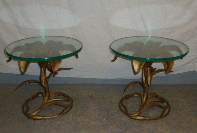 Arthur Court Matched Pair Lily Accent/Side Tables: Mid-century gilt aluminum flower form end tables in the shape of a lily , with glass top. Measures 17" tall with 19" thick round glass top . Circa 1970's. As found estate condition . Please use photos