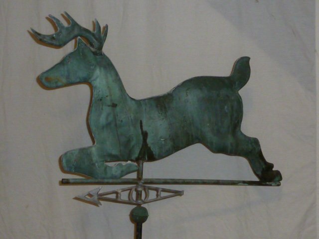 Vintage Full Bodied Prancing Deer Weathervane on Stand: Deer measures 31" wide. As found estate condition . Please use photos as part of the description. The absence of a condition report does not guarantee excellent condition. Please contact us for an in