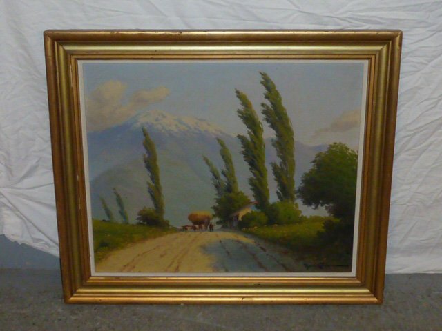 Ramos Catalan Brazilian Painter Landscape: Farmer tending cows pulling hay cart.Glorious mountains in the background. Signed lower right.F 28" by 24 1/2" Image 23 1/2" by 19 1/2". As found estate condition . Please use photos as part of the de
