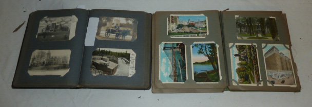 1900's 2 Postcard Album Adirondacks & Southern States: Over 450 postcards , real photo cards, some Adirondack NY cards, resorts & scenery, transportation cards trains, boats, many with colorful lithography. Plus another album filled with southern states, 
