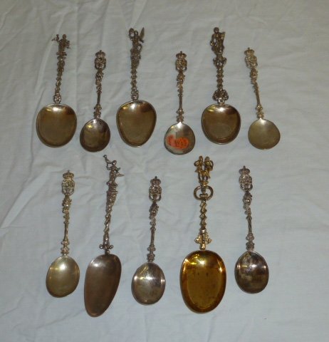 Eleven Ornamental Silver Spoons One Dated 1785: Rare to find this many together as a collection. Weighs 17ozt. As found estate condition . Please use photos as part of the description. The absence of a condition report does not guarantee excellent