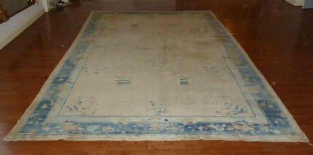 Art Deco Chinese Nichols Rug: This thick plush wool rug measures 14' 6" by 9', Partial tag says 333 on it. From the bedroom of the Laura Stewart estate. You don't want to miss this one. As found estate condition . Please use photo