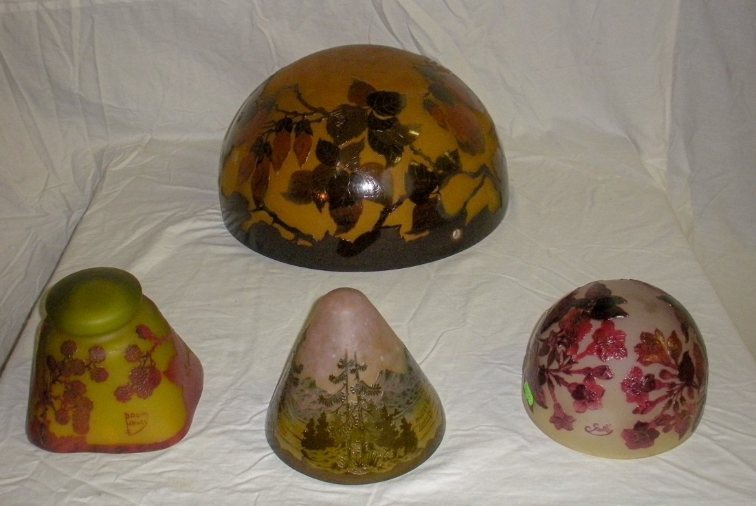 4 Acid Etched Shades - Cameo Glass - Signed: 2 signed Galle , 1 Muller Fres and 1 Daum Nancy.These art glass shade are in very fine condition, I see no noticeable damage. As found estate condition . Please use photos as part of the description. 