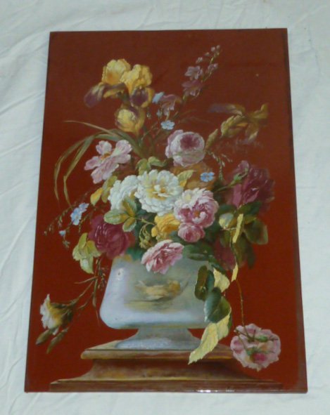 Minton Painted Porcelain Plaque Flowers in Vase: This delicate signed Minton porcelain plaque is a vision of natural beauty . Bountiful floral arrangement in a vase, in front of a rich red background. Set into a lustrous gilt frame. Measures 19" by 
