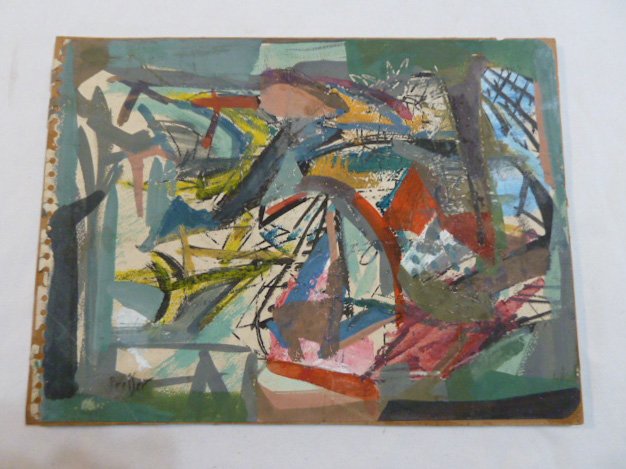 Josef Presser 1907-1967 Abstract Composition: Polish/American ,gouache, mixed media 9" x 12". Laid down on board. As found estate condition . Please use photos as part of the description. The absence of a condition report does not guarantee excel