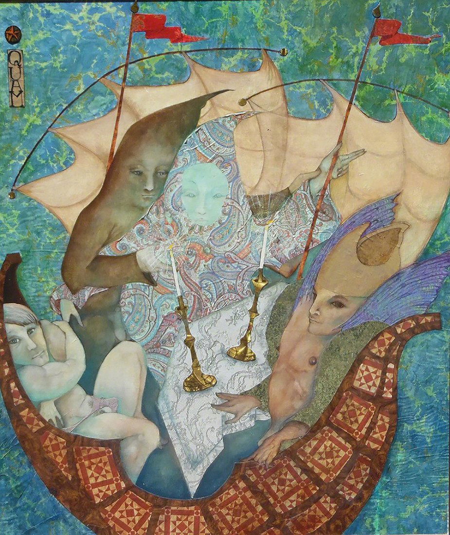 Mylo Quam Ship of Fools XXII: Signed . Oil, collage on wood panel 34" x 29". As found estate condition . Please use photos as part of the description. The absence of a condition report does not guarantee excellent condition. Pleas