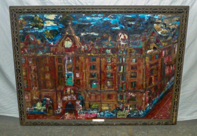 Charles Long "Death at the Dakota" Signed: Mixed media , Draws you in. Images of John Lennon, Paul McCartney, Yoko, and the Beatles placed in The Dakota Building. Transfixed as you gaze into the painting. Signed Long, lower left corner. Title