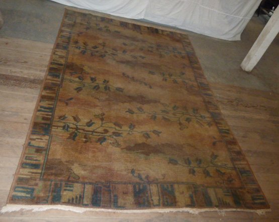 1920's Polish Secessionist Design Rug: Measures 65" by 114" . Polish Secessionist Design Rug. As found estate condition . Please use photos as part of the description. The absence of a condition report does not guarantee excellent conditio