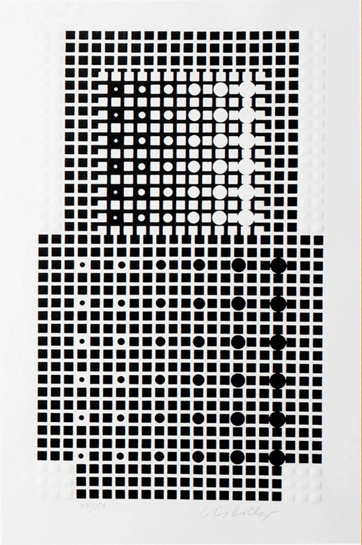 Victor Vasarely Code Suite 1 Lithograph: signed and numbered 117/150 with pencil. 14" by 10" plus margins. As found estate condition . Please use photos as part of the description. The absence of a condition report does not guarantee excelle